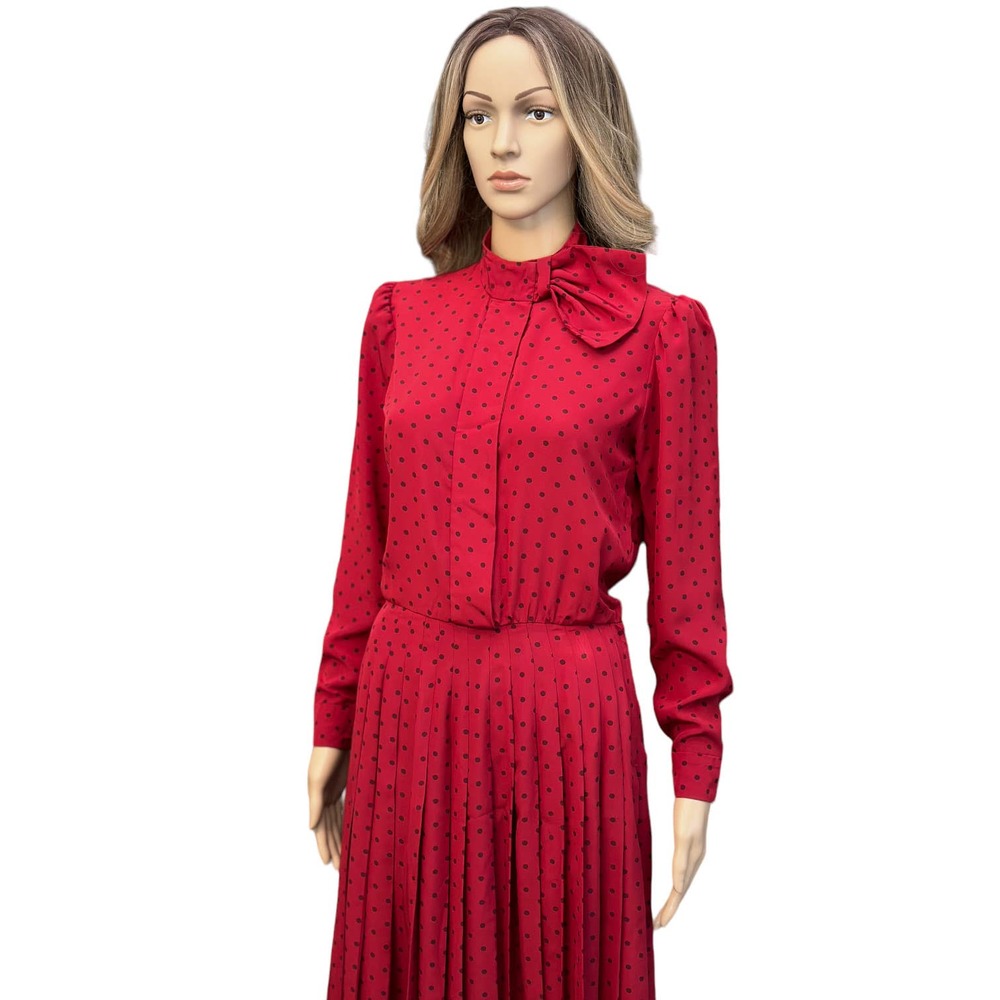 SOLD Vintage 70s 80s Albert Nipon Midi Shirt Dress Red polkadot pleated small - Picture 5 of 16